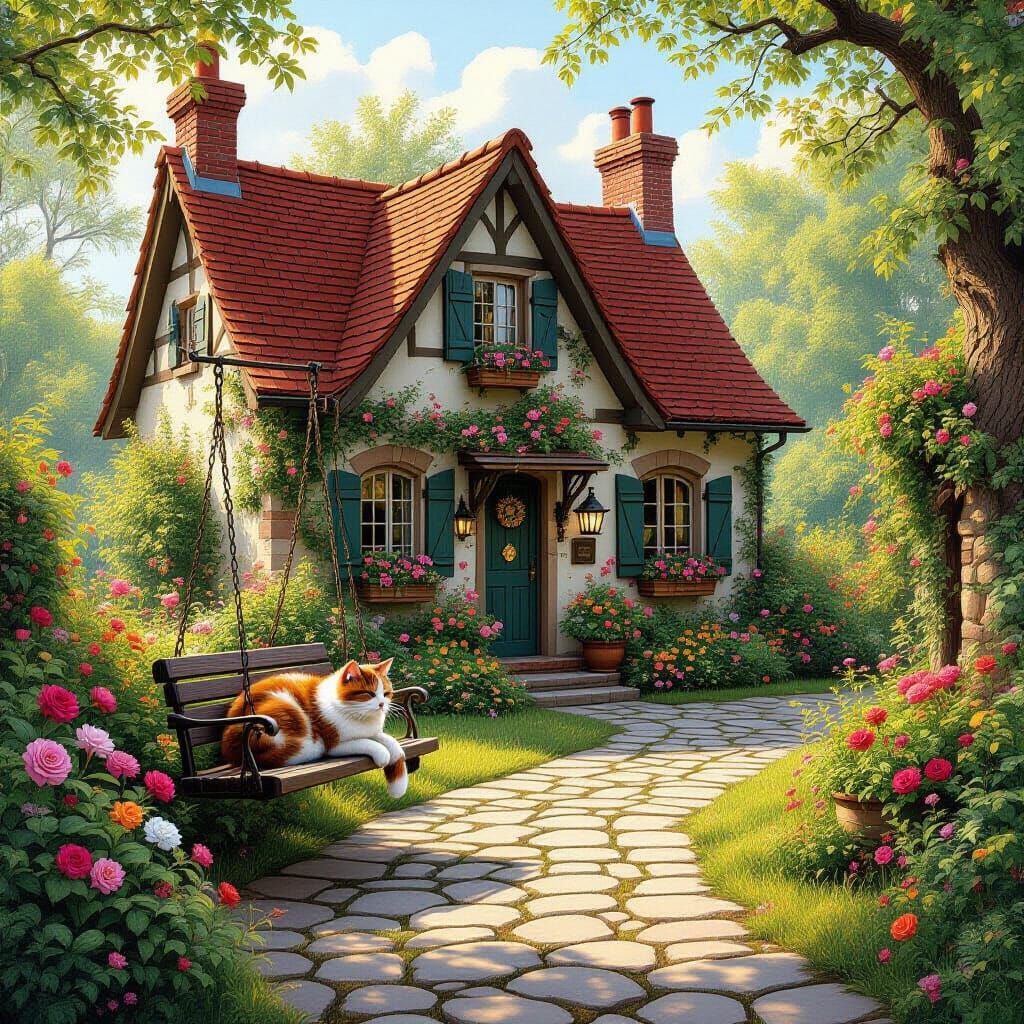 Calico Cat in Dreamy English Cottage Garden