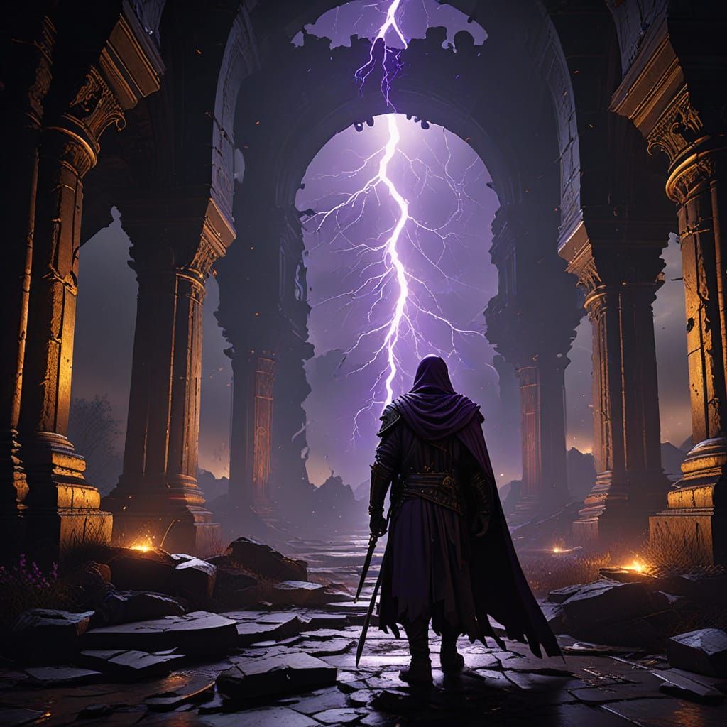 Dark Fantasy Warrior in Stormy Ruins