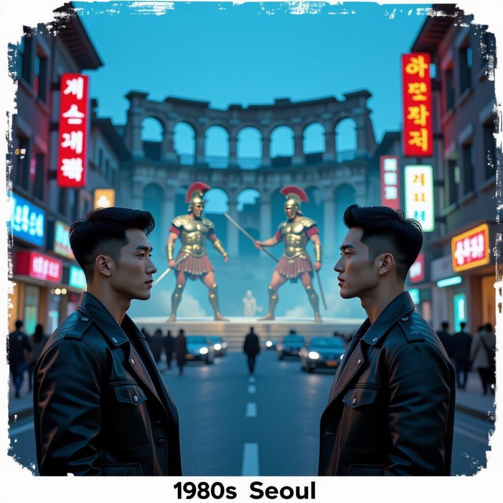 Seoul Street Scene with Holographic Gladiators