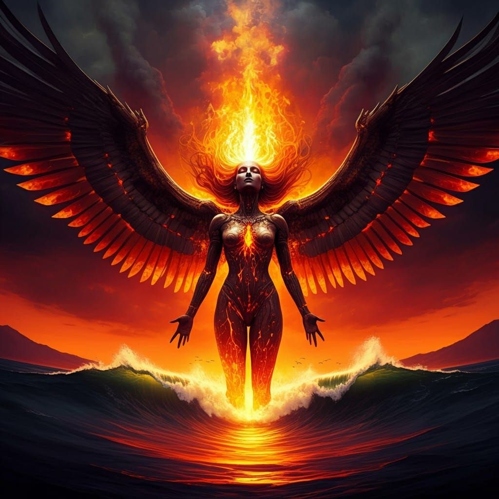Fiery Angel Erupts from Volcano in Surreal Style