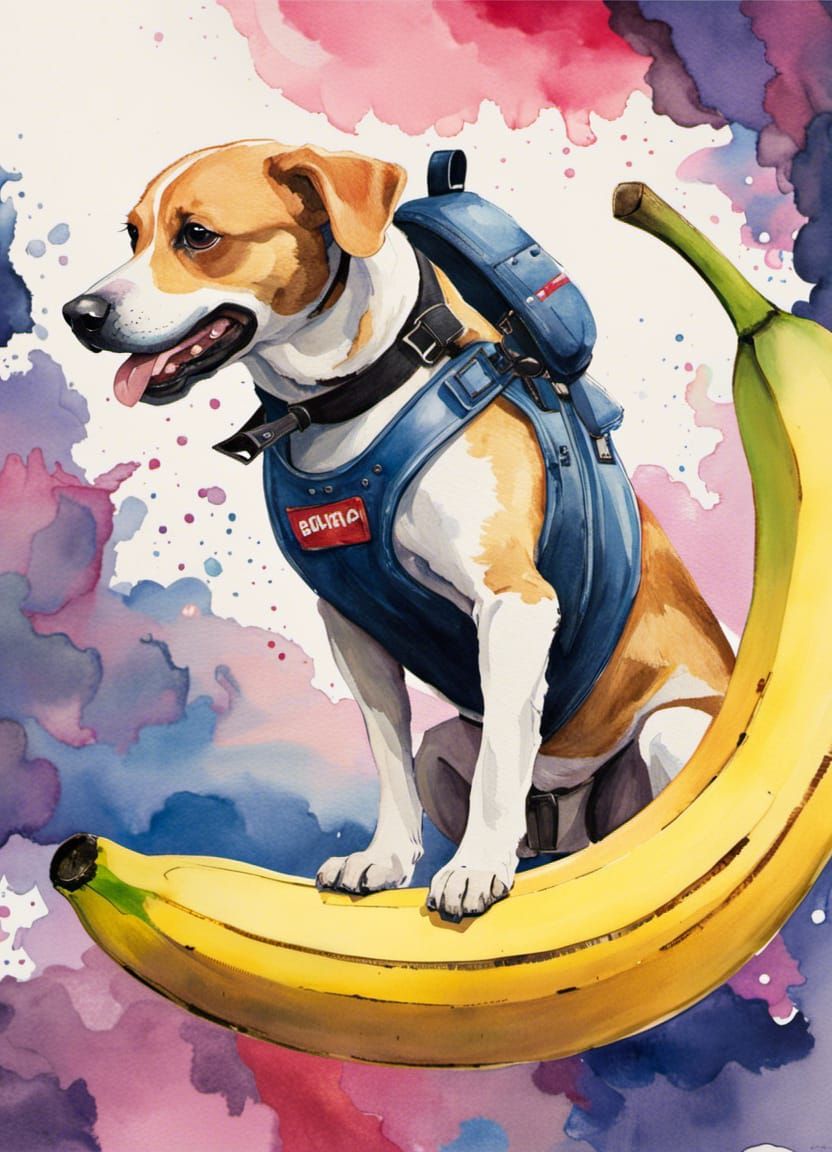 Dog Rides Banana Rocket in Watercolor Style