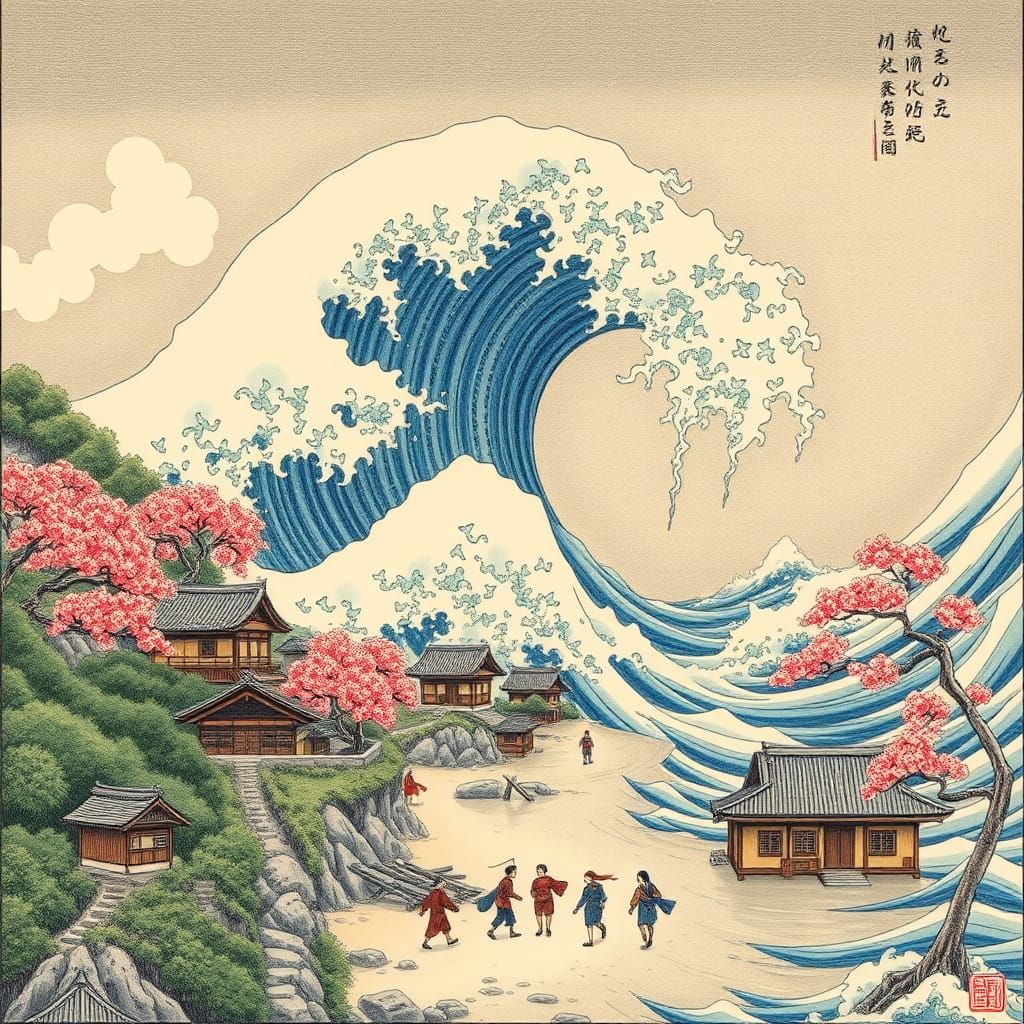 Tsunami Waves Crash Serene Village: Japanese Pen Drawing