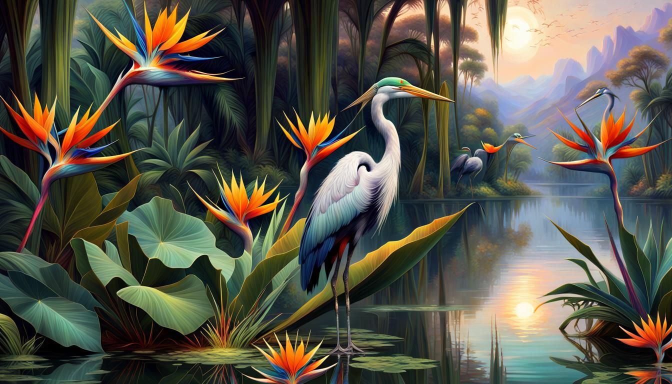 Exotic Fractal Landscape with Heron, Art Nouveau Style