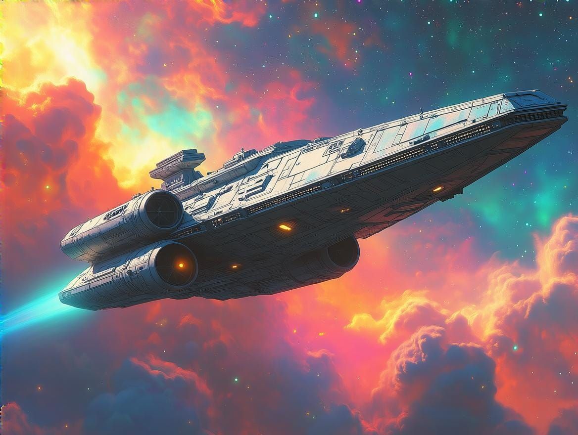 Ethereal Spacecraft Drifts in Cosmic Nebula