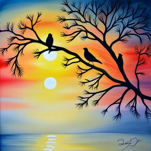 Birds at Sunset: Gongbi Style Impressionism