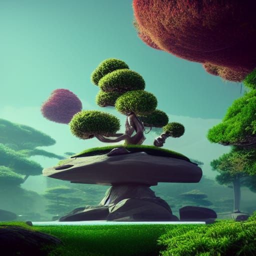Futuristic Zen Room with Giant Bonsai Tree