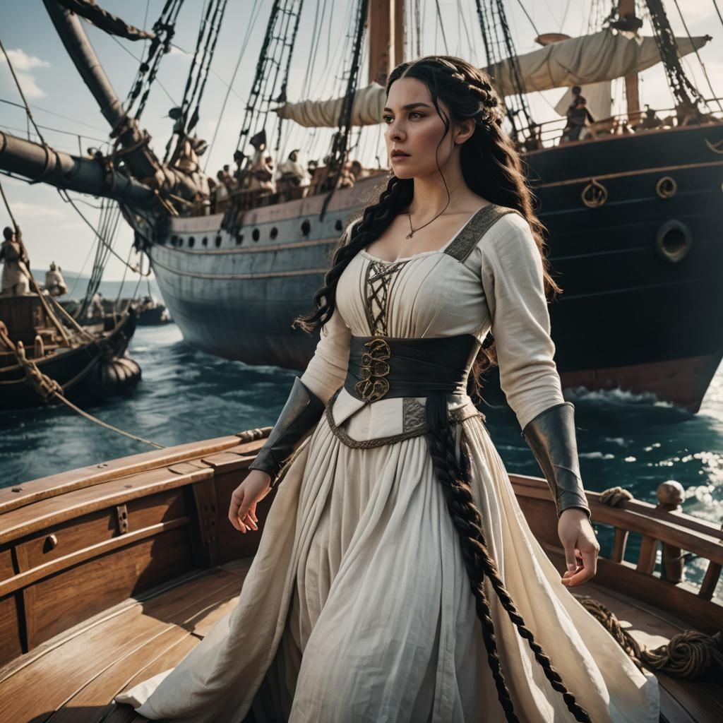 Black Haired Medieval Woman Standing at the Bow of a Ship