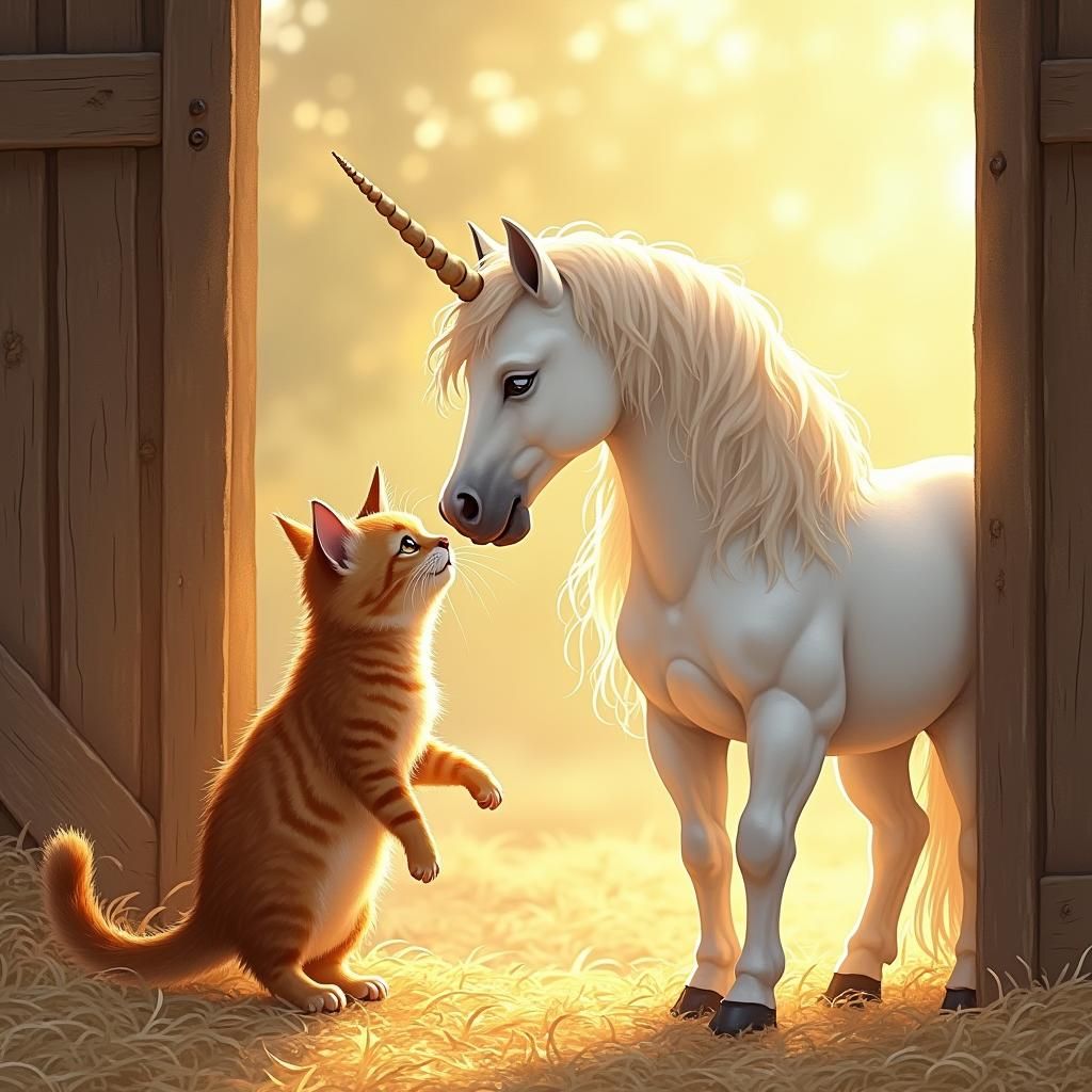 Tabby Cat and Unicorn: A Whimsical Barn Encounter