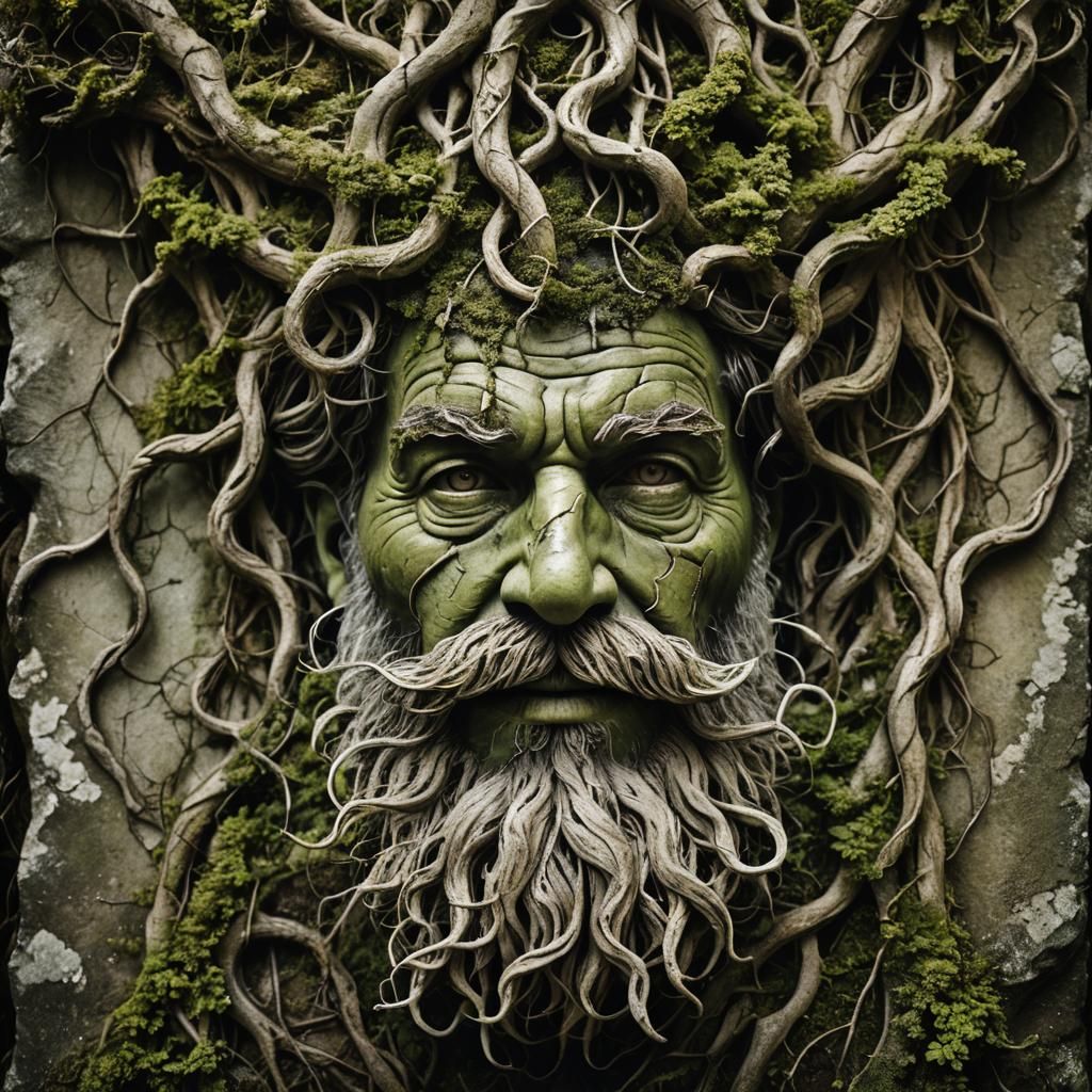Surreal Stone Face with Root Beard