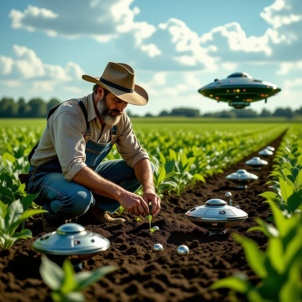 Farmer Planting Spaceship Seeds: Cinematic Film Still