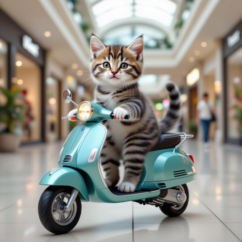 Kitten on Scooter in Mall: Realistic Artistic Style