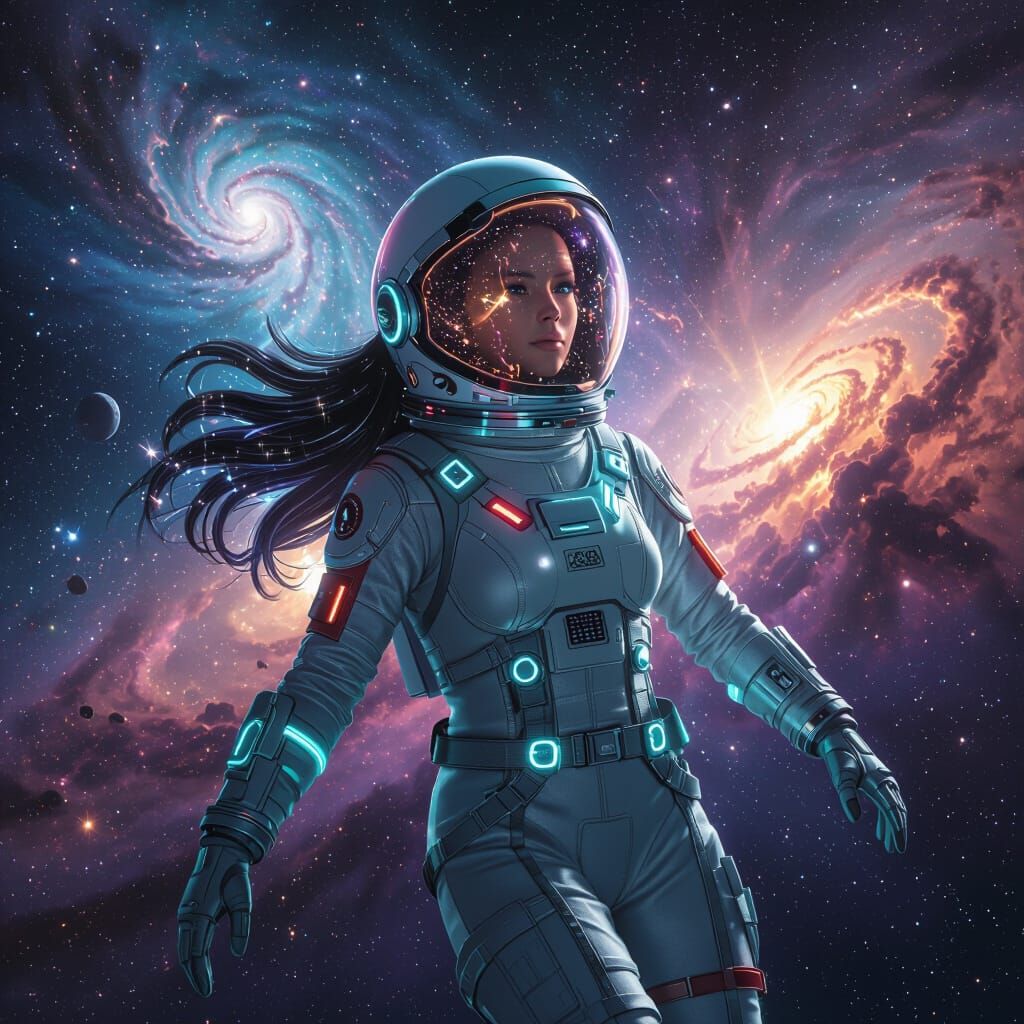 Beautiful Astronaut in Cosmic Mirror Helmet