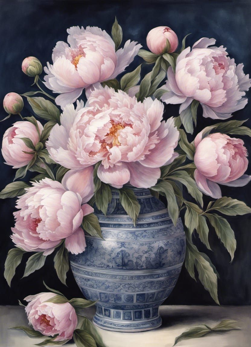 Pink Peonies in Porcelain Vase: Watercolour Painting
