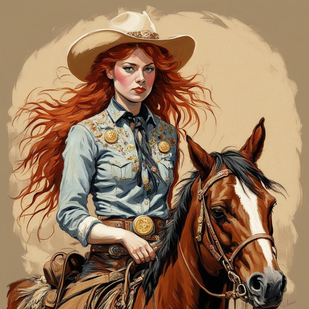 Redhead Cowgirl Portrait Riding a Horse