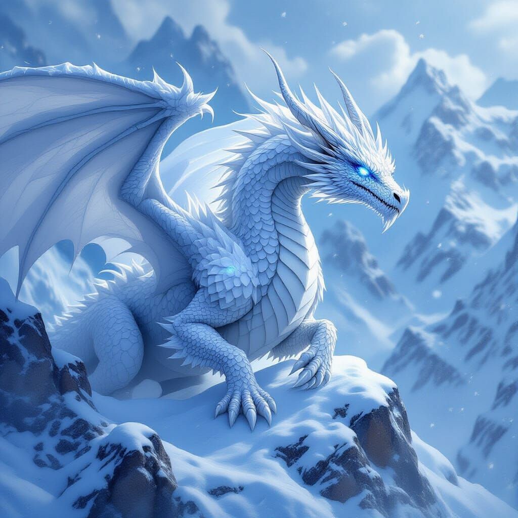 Majestic Snow Dragon in Blizzard Mountains
