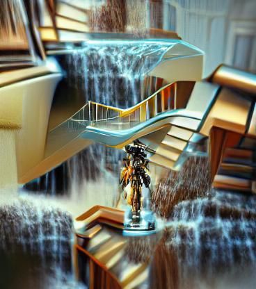 Sci-Fi Waterfall Through Steampunk Engine in Retrofuturism S...
