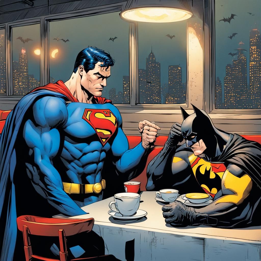 Superman and Batman Share a Coffee, Looking Depressed