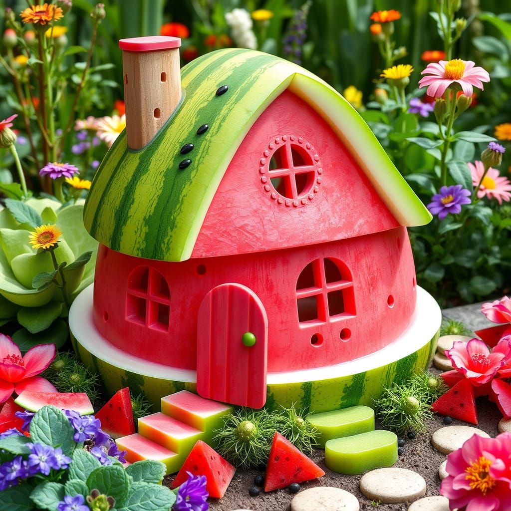 Whimsical Watermelon House in Lush Garden Setting
