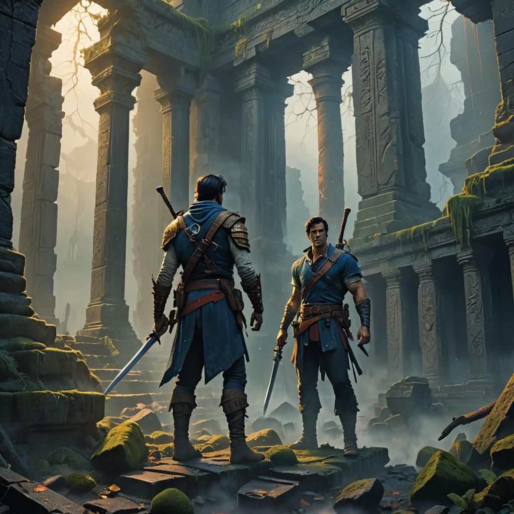 Heroic Figure in Ruined Temple: Fantasy Art