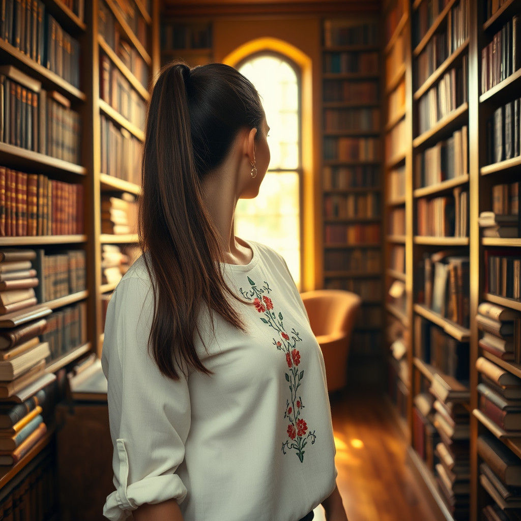 Woman by Bookshelf in Impressionist Lighting