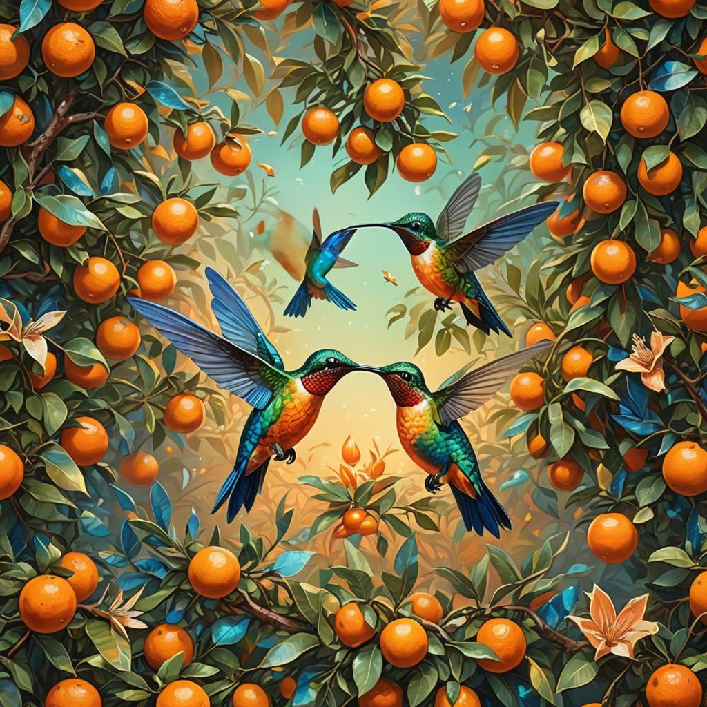 Hummingbird Feeds on Orange Tree: Fantasy Art