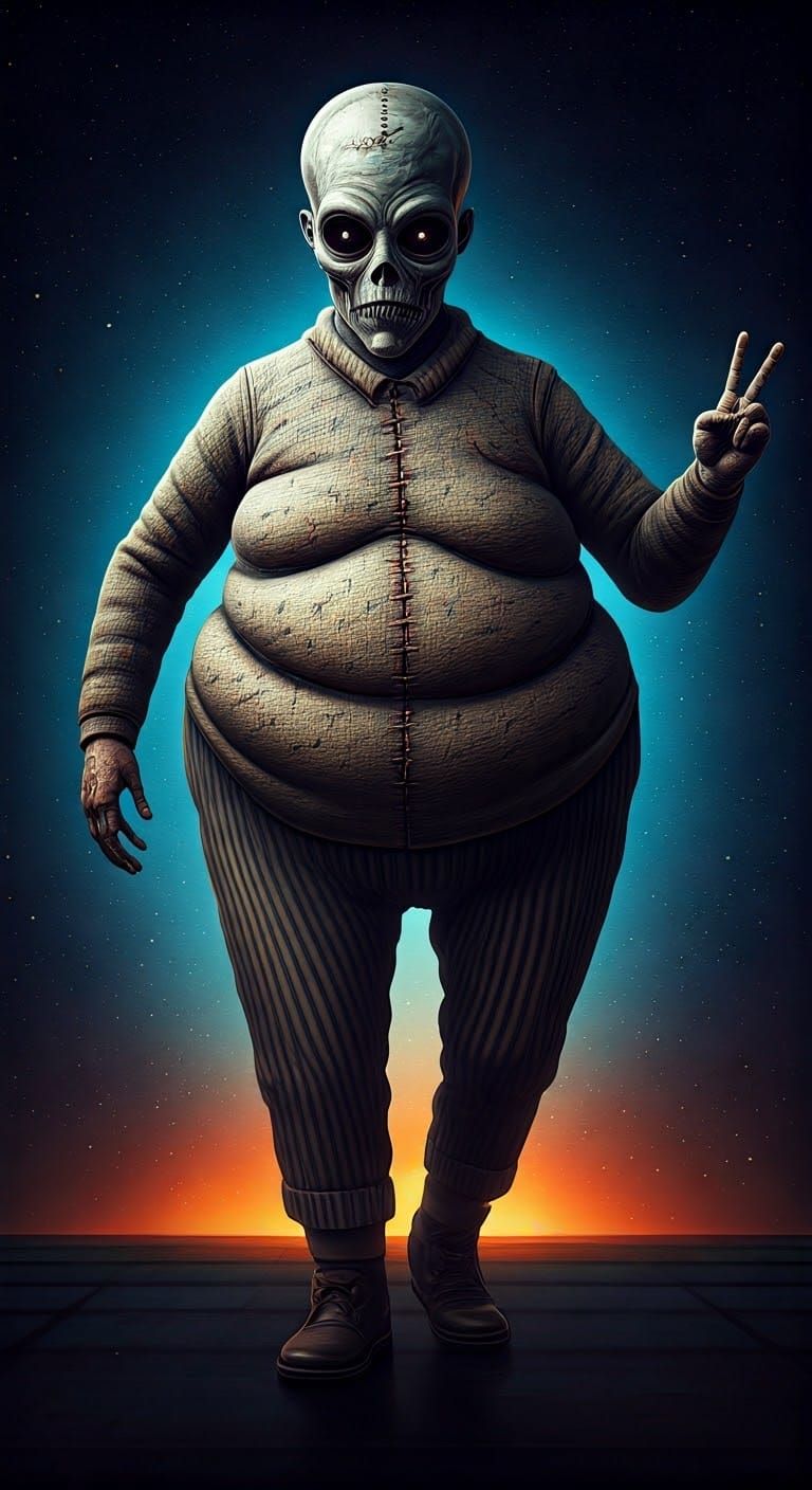 Surreal Cybernetic Figure in Geometric Sunset