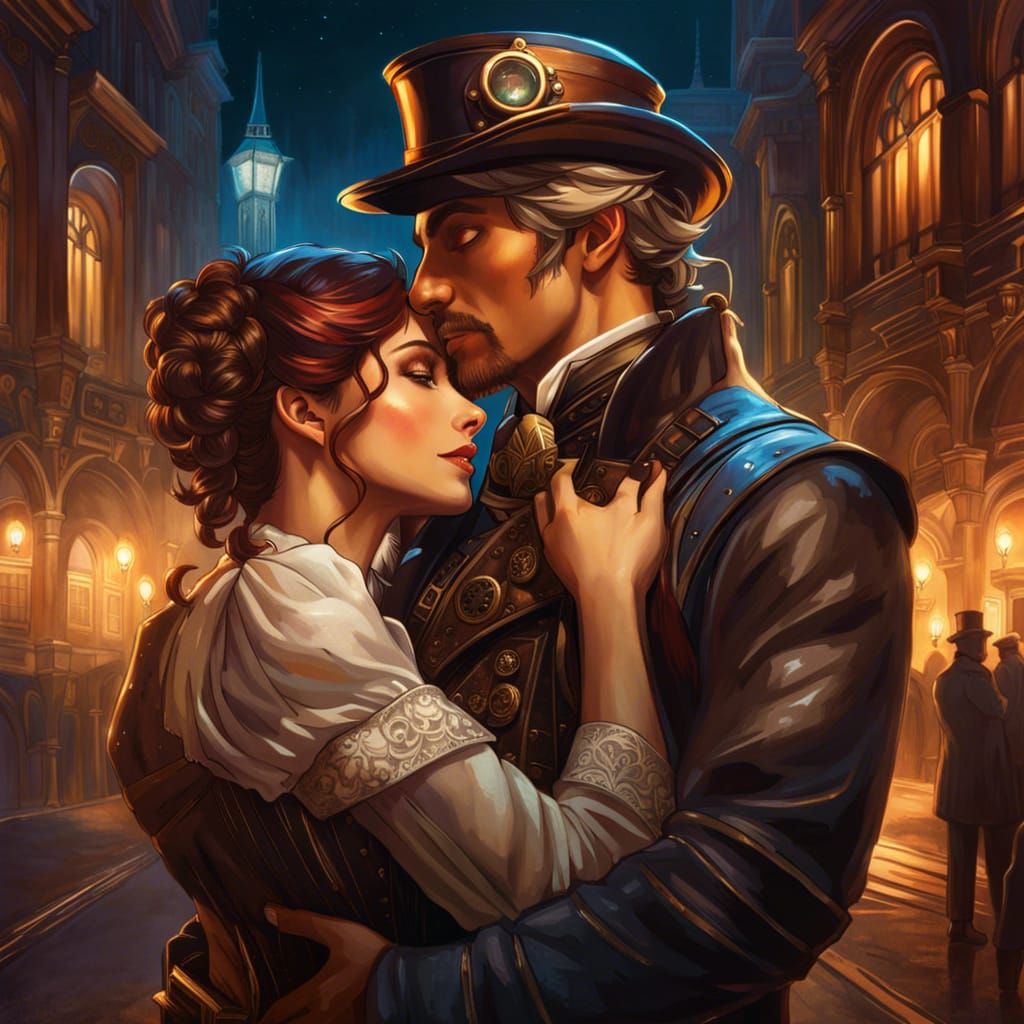 Steampunk Couple Embrace in Hyperdetailed Night Scene