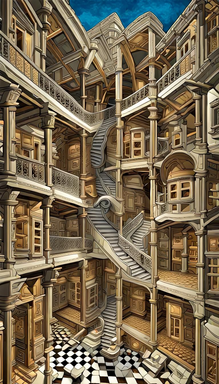 Escher's Relativity: House of Mirrors in Psychedelic 3D