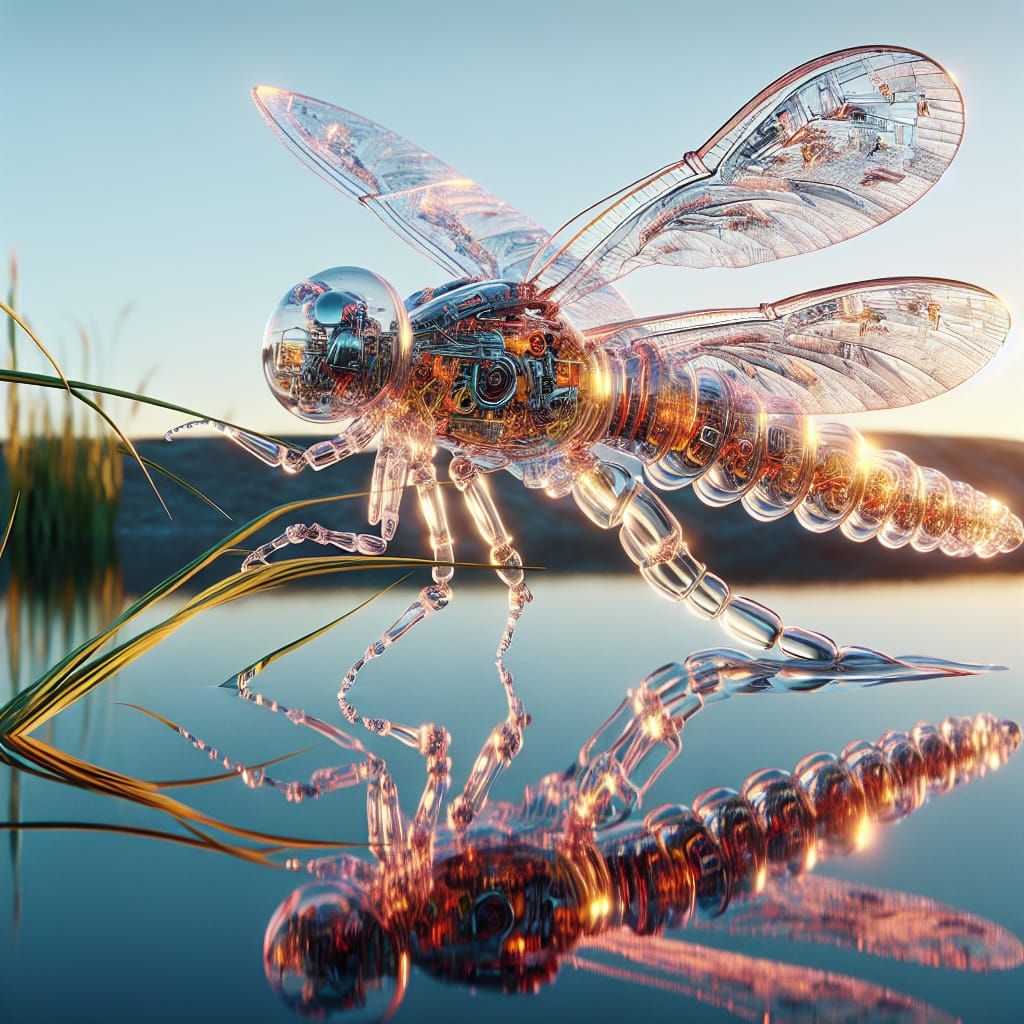 Cybernetic Dragonfly Perched Above Pond Reflection