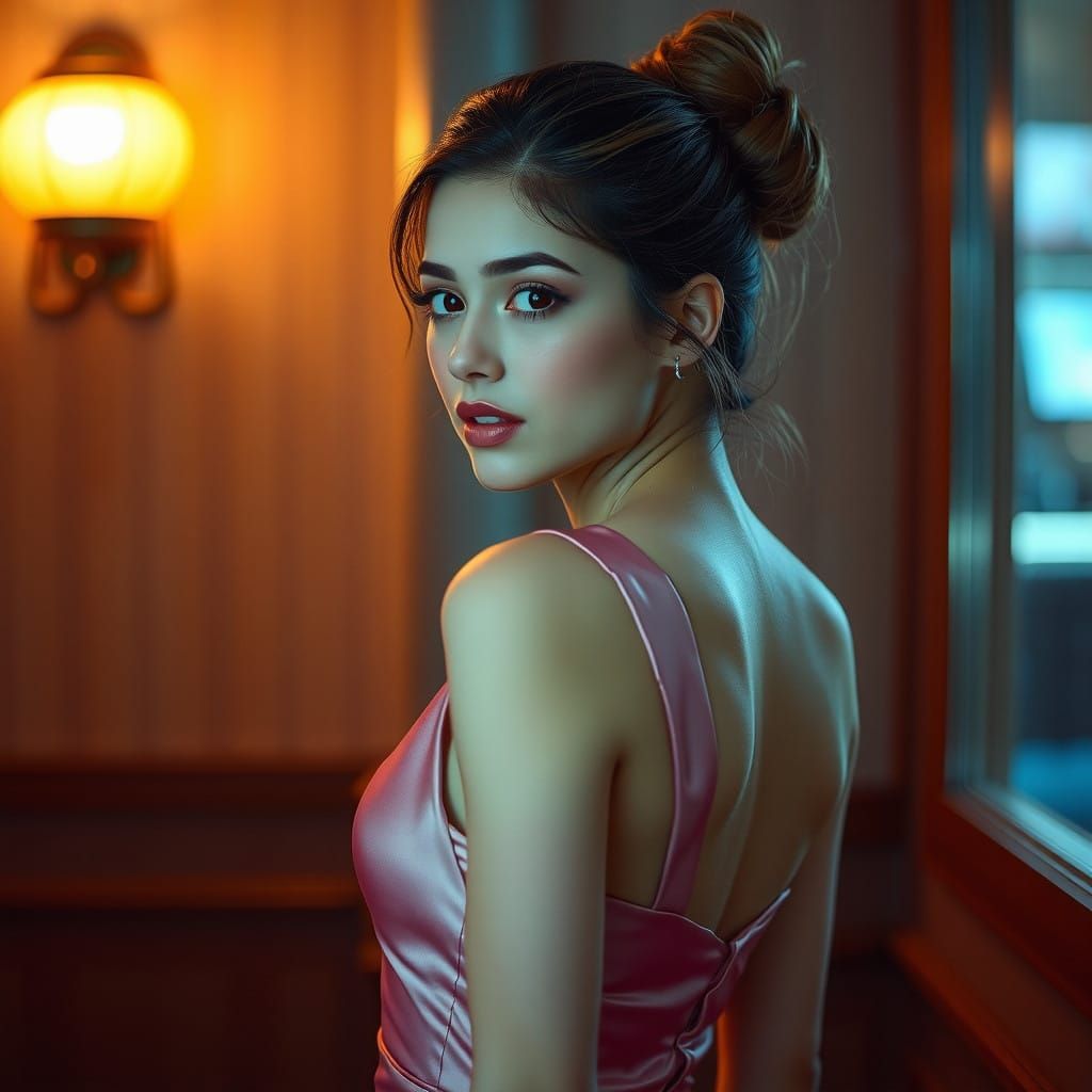 Sensual Woman in Dusty Pink Satin Gown, Cinematic Style