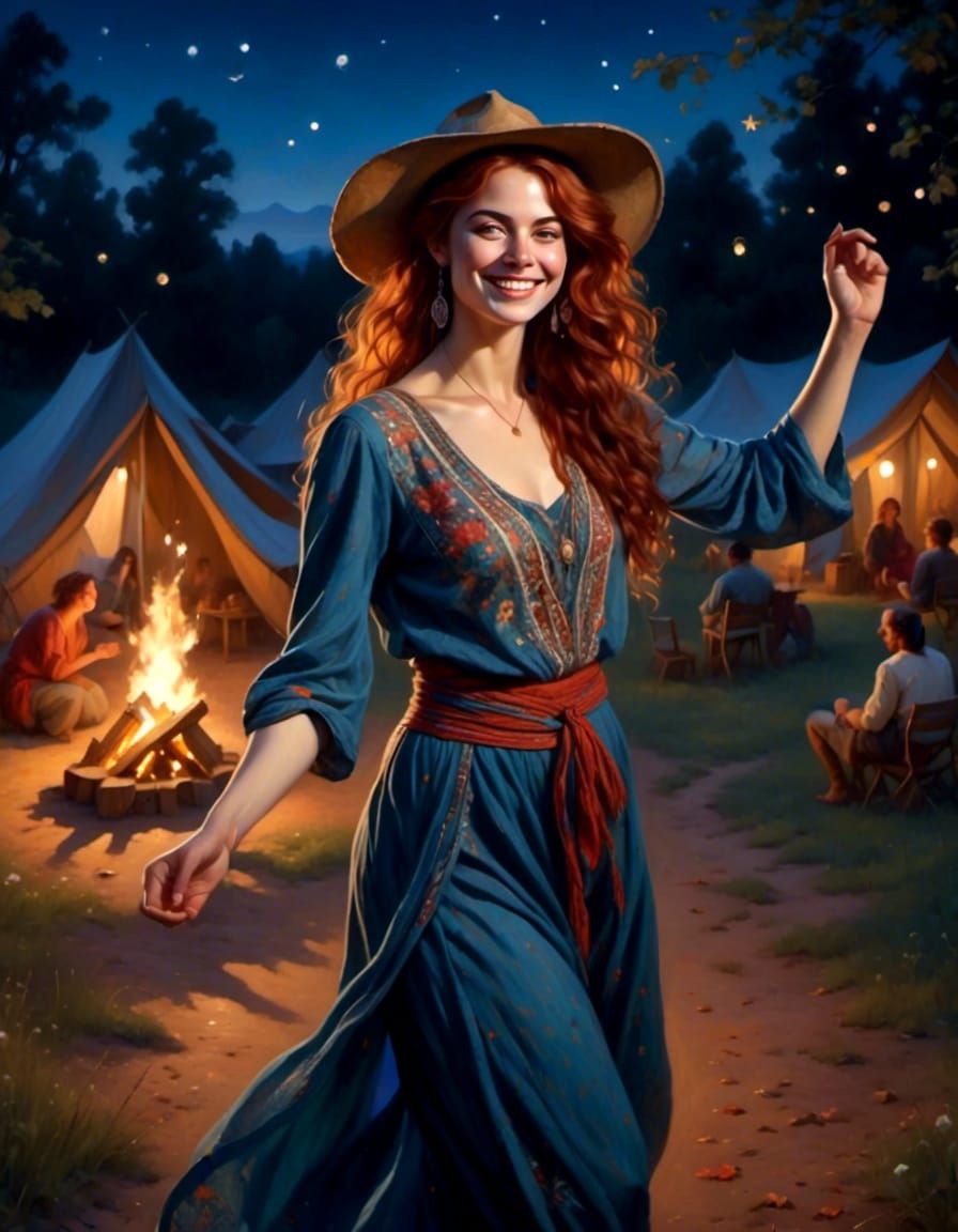 Joyful Auburn-Haired Woman Dancing at Campsite