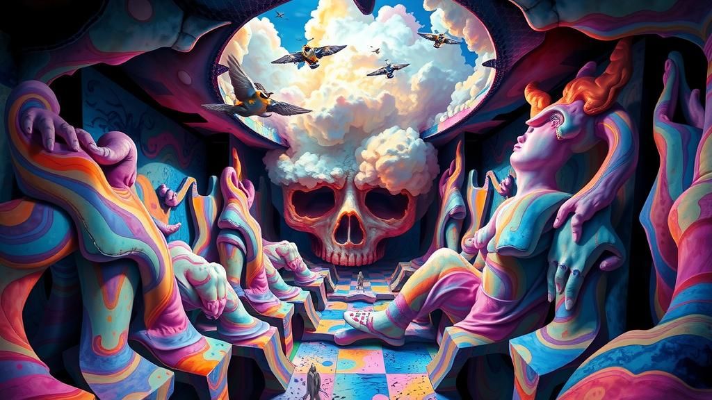 Hallucinatory Artist in Surreal, Distorted Padded Room