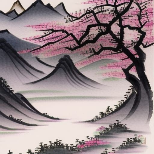 Chinese Watercolor Landscape with Cherry Blossoms