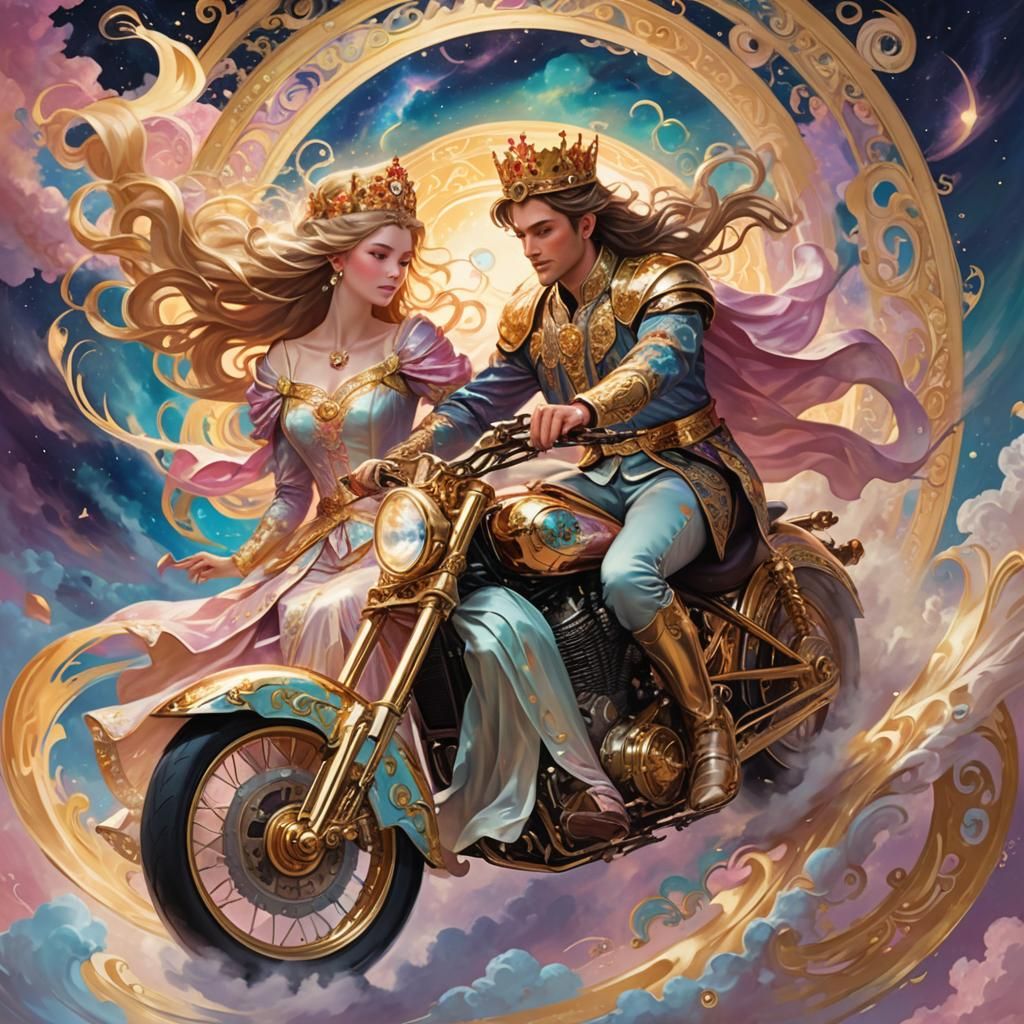 Princess on Motorcycle in Dreamlike Stalenhag Style