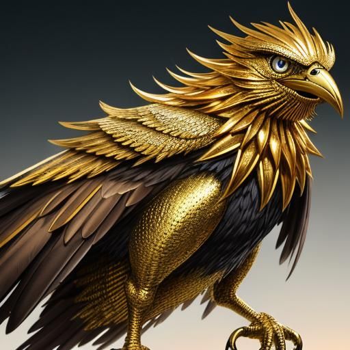 Golden Alien Bird of Prey with Sharp Teeth