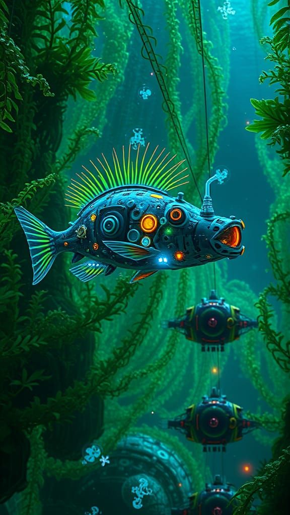 Bioluminescent Anglerfish Guiding Submersible in Underwater ...