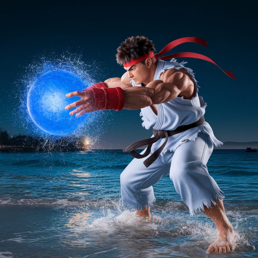Ryu Throws Hadouken on Beach at Night in 8k
