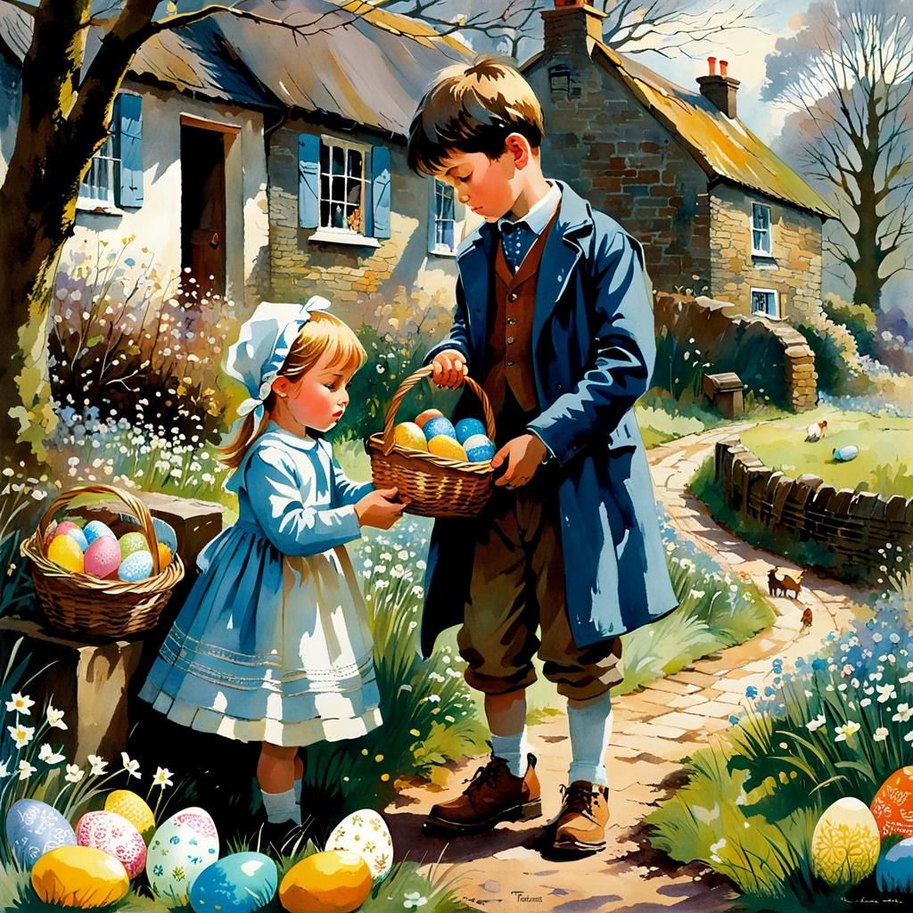 Brother and Sister Easter Egg Hunt, Watercolor Art