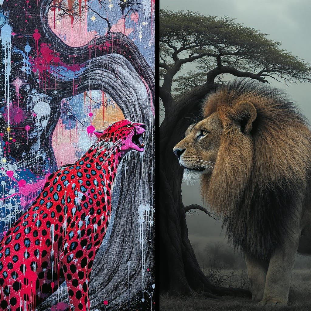 Cheetah and Lion Split-Screen in Contrasting Styles