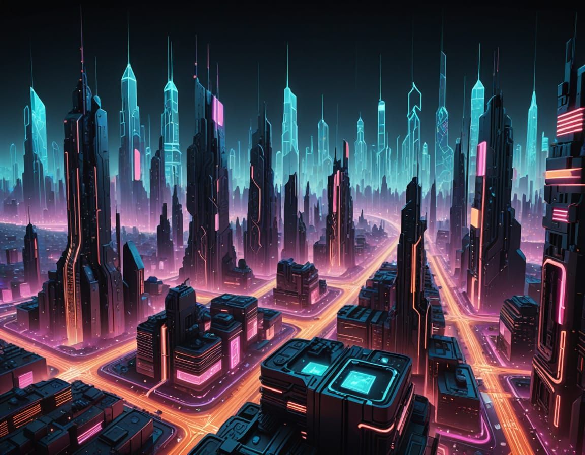 Cyberpunk Metropolis of Glowing Code and Circuits