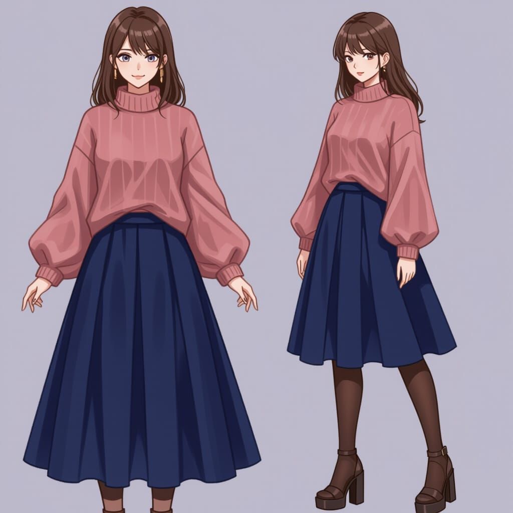 Feminine Fashion Sketch: Dusty Rose Sweater & Blue Skirt