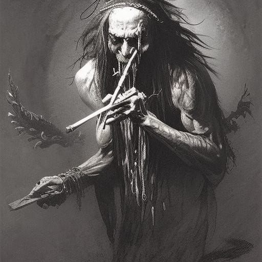 Horrific Flute-Playing Sadhu Bone in Engraving Style