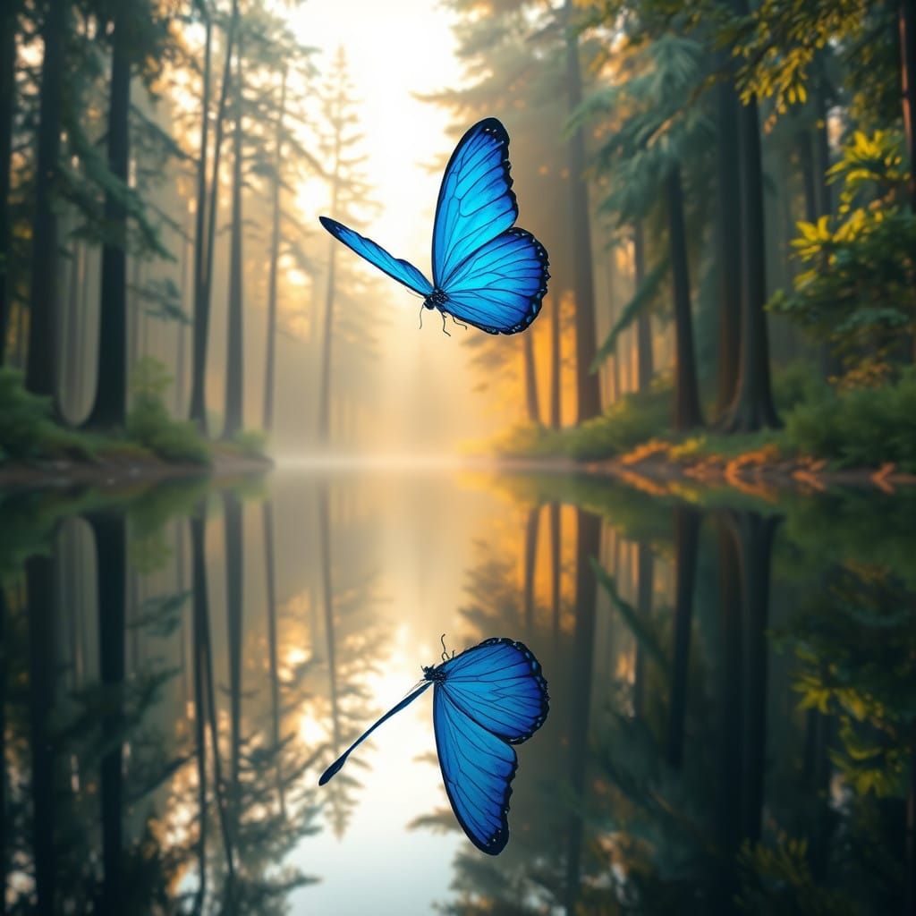 Golden Butterfly in Serene Forest Lake
