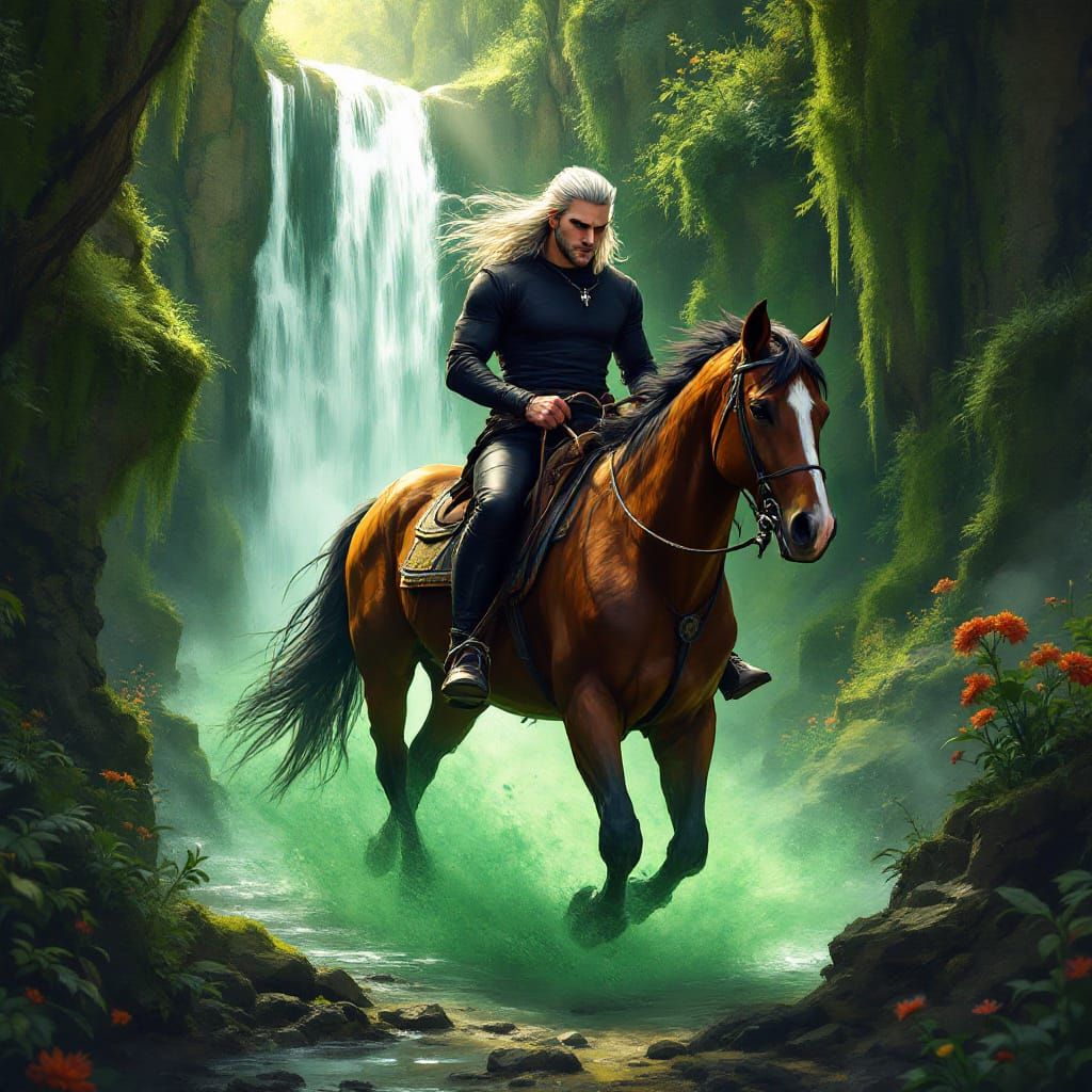 Fantasy Forest Scene with Horse Rider Illustration