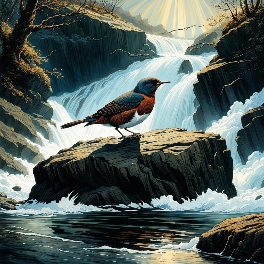 Dipper in Raging Torrent: Fantasy Art Illustration