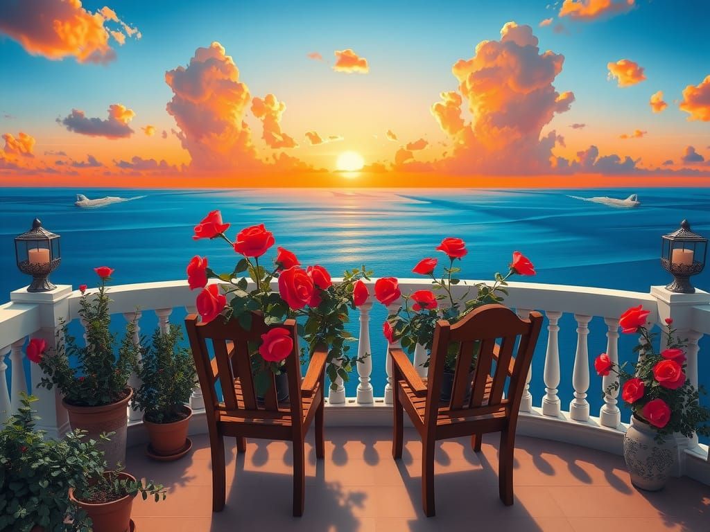 Seaside House with Flowers at Sunset: Digital Art
