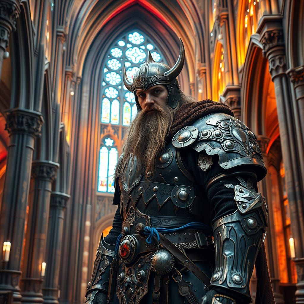 Viking Warrior in Medieval-Cyberpunk Cathedral