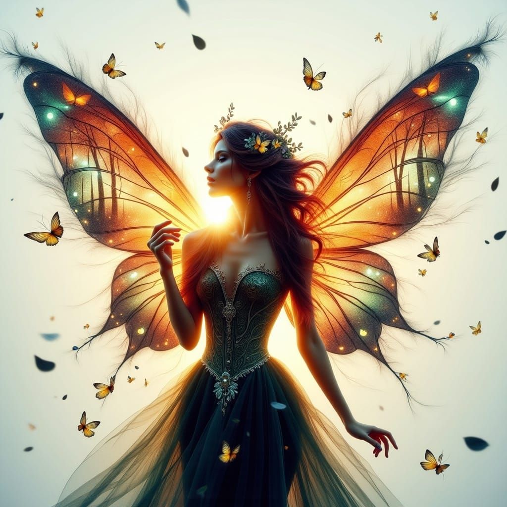 Glowing Fairy Silhouette Amidst Burning Forest