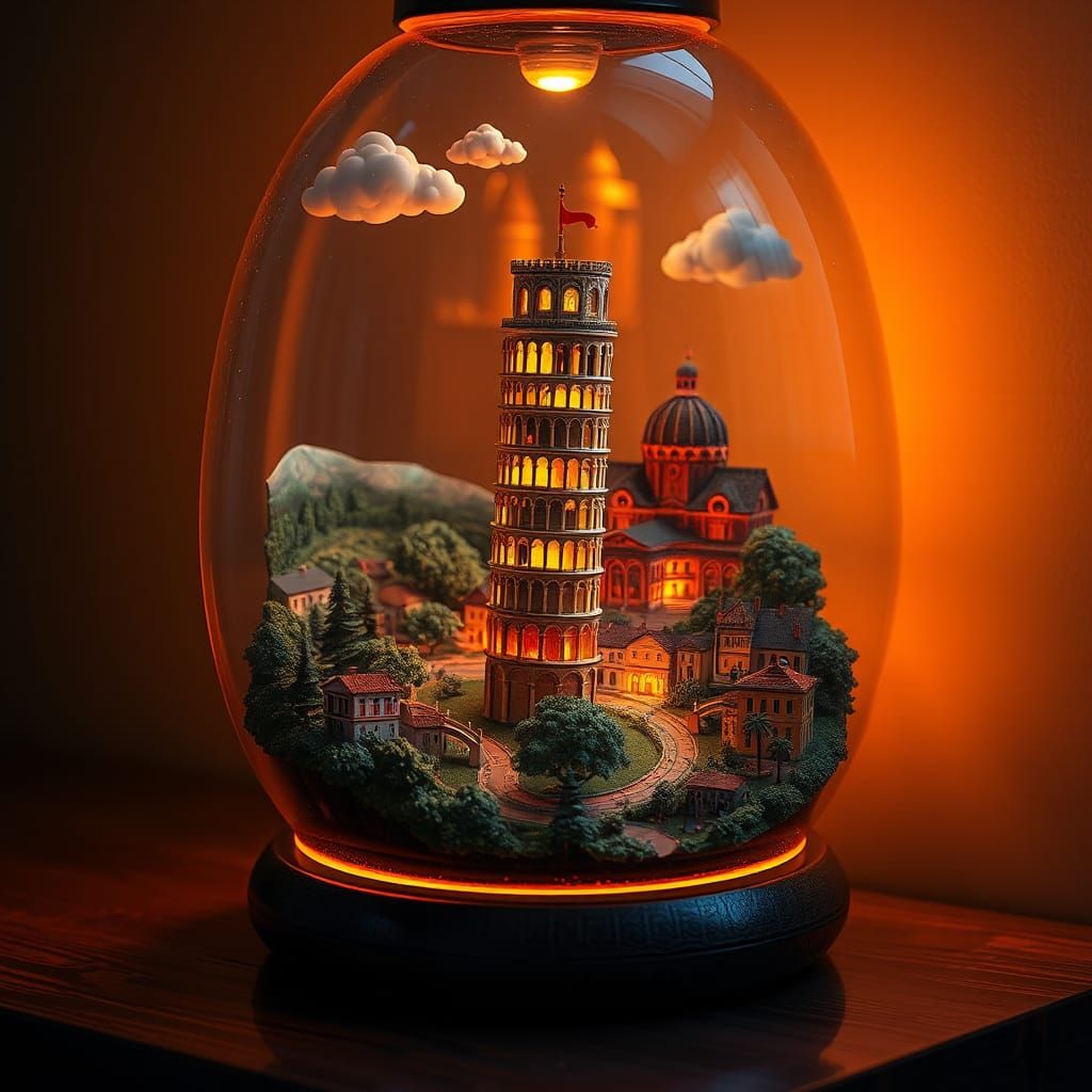 Glowing Cityscape Night Lamp in a Golden, Matte-Painted Styl...