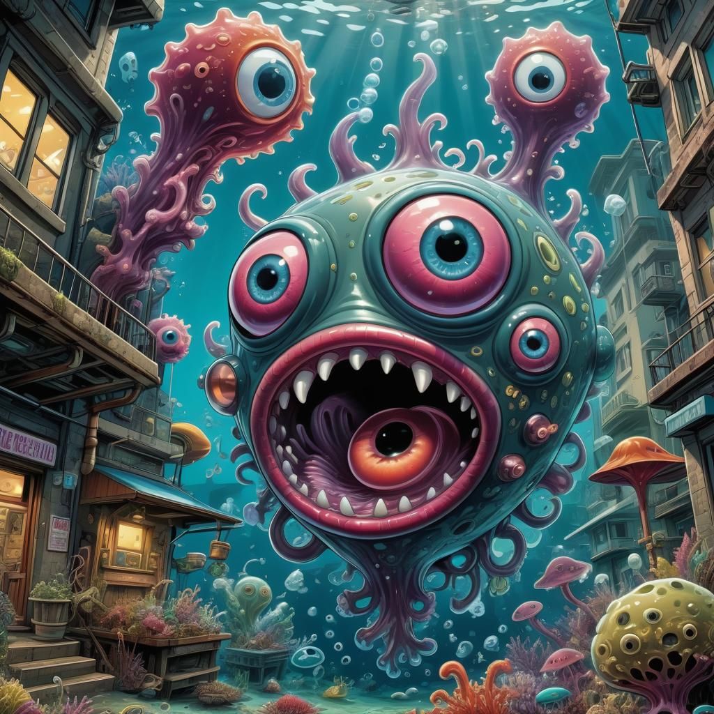 Cartoon Amoeba in Microscopic Underwater City